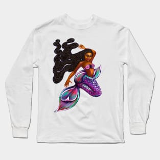 mermaid with flowing braids, brown eyes curly Afro hair and caramel brown skin. Black mermaid Long Sleeve T-Shirt